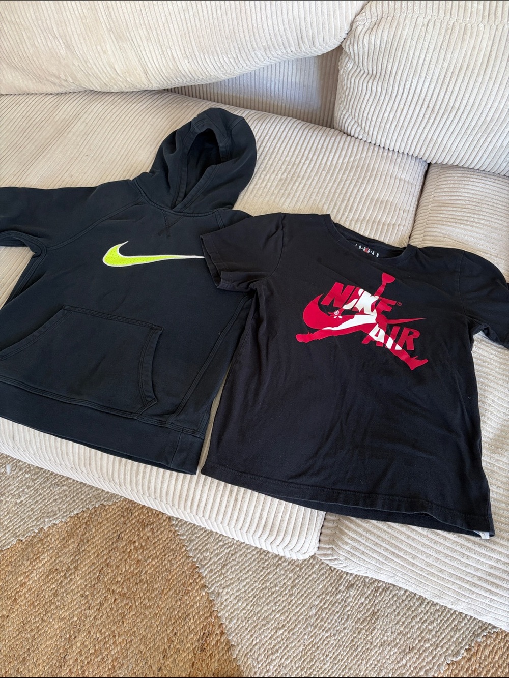 Nike Kids Black Hoodie & Black Tee with Neon Green and Red Logos